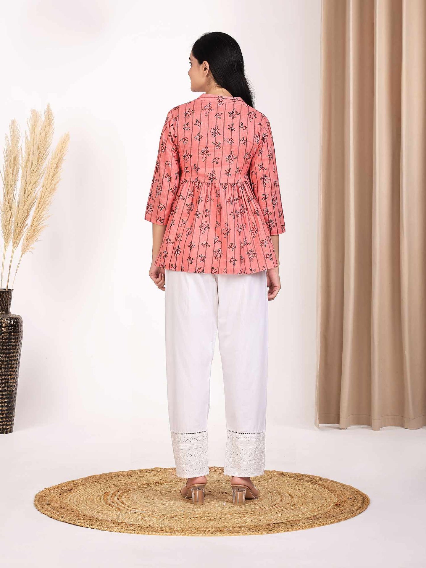 Women's Pink Floral Printed Peplum Top with Embroidery at Yoke Pure Cotton